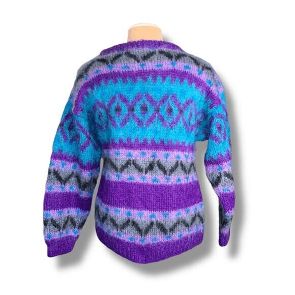 Vintage 90s Icelandic Design Mohair Wool Fair Isle Sweater Purple Blue Medium - Picture 5 of 9